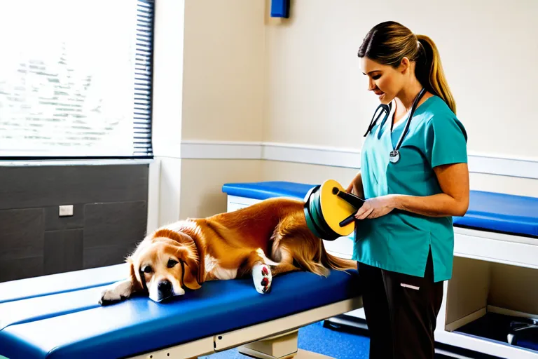 Therapy dog working with healthcare professional in clinical setting