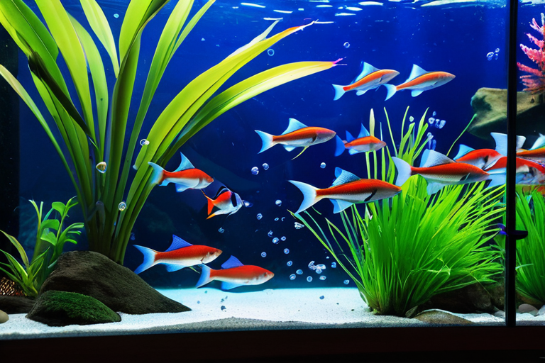 School of tetras displaying coordinated swimming behavior in planted aquarium
