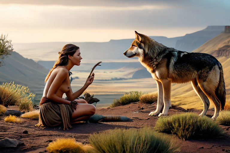 Ancient human and wolf interaction depicted in natural setting
