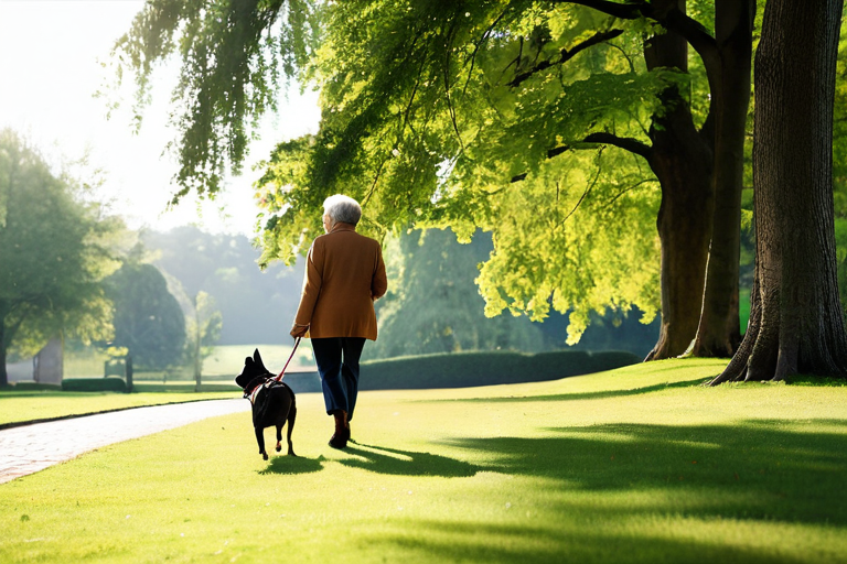Elderly person walking a dog in a park