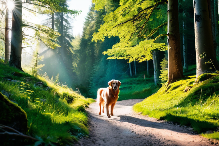 Aloka walking peacefully through a sunlit forest