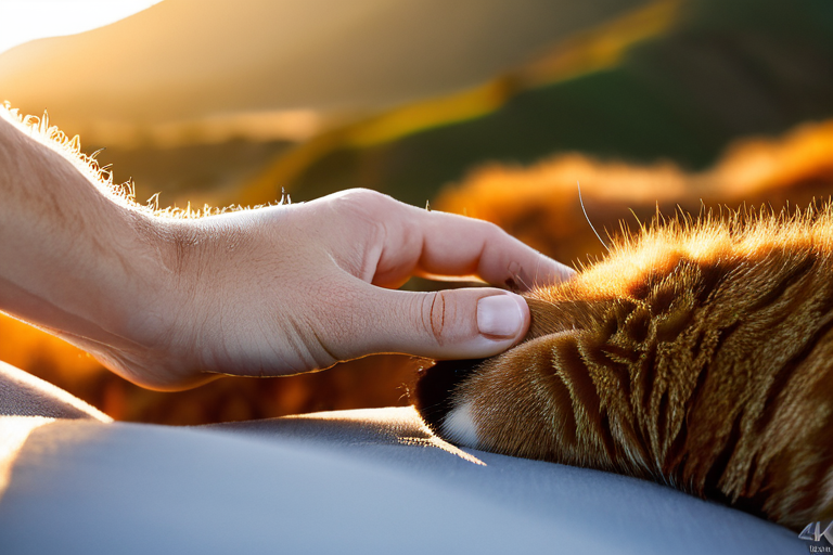 Cat and human hands interacting gently