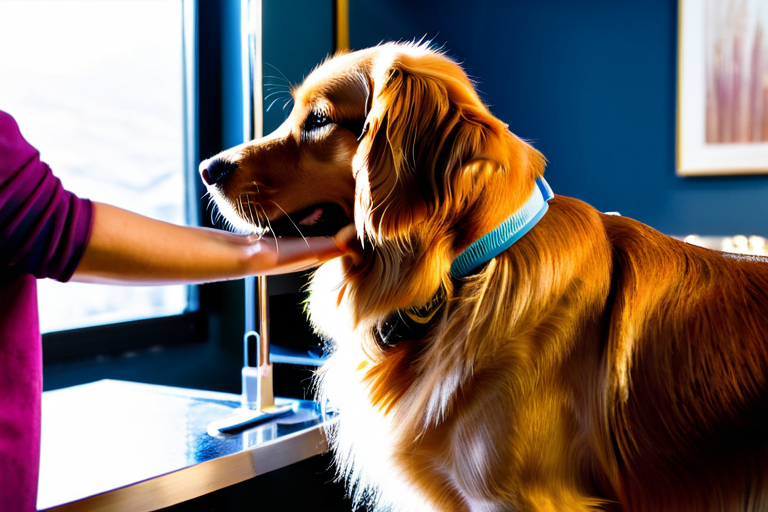 Professional brushing a golden retriever