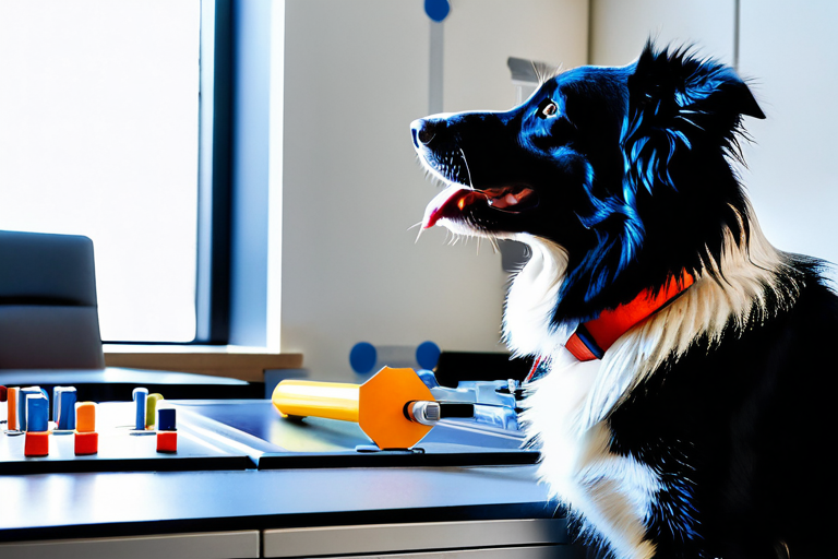 Dog participating in cognitive research task with researcher