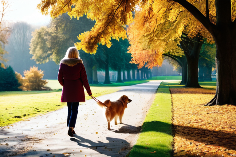 Senior woman walking with golden retriever in park