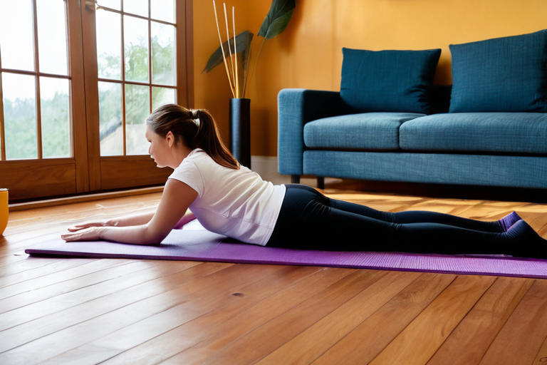 A cat stretching on a yoga mat while owner exercises