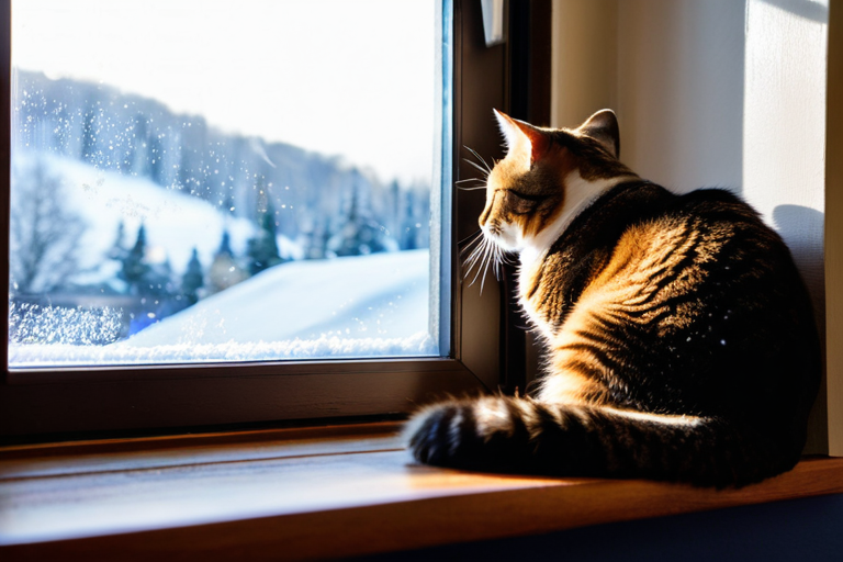 Cat watching snow from warm indoor window