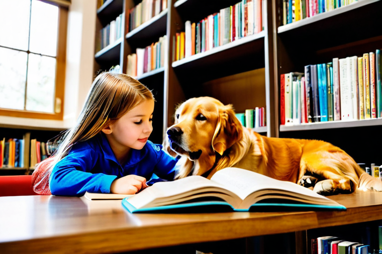 Child reading to therapy dog in educational setting