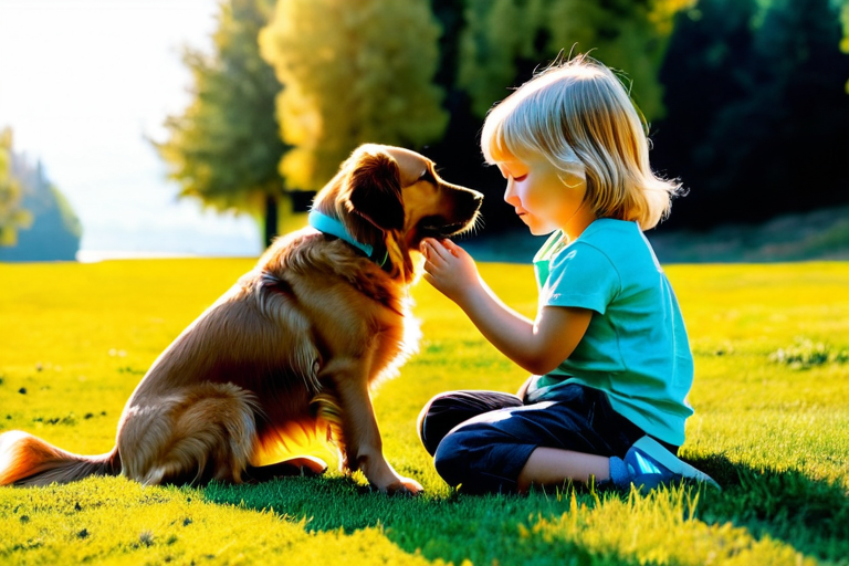Child playing with dog in backyard