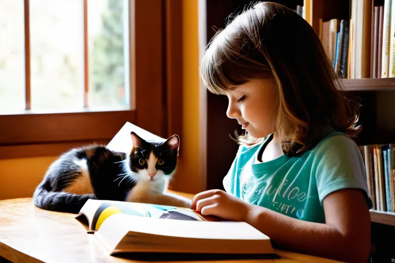 Child reading book with cat companion in cozy home setting