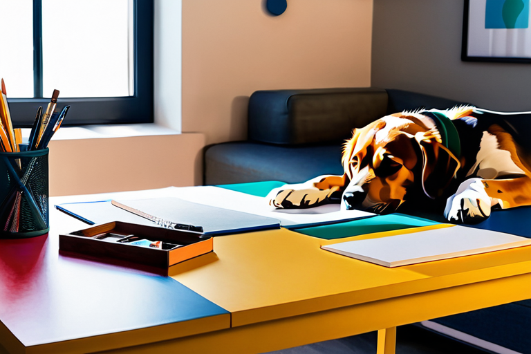 Person working creatively with pet nearby