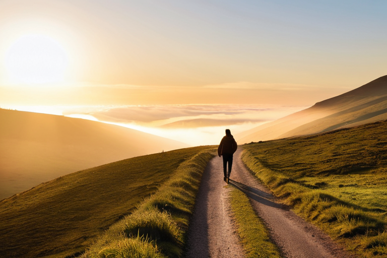 Morning walk with dog at sunrise