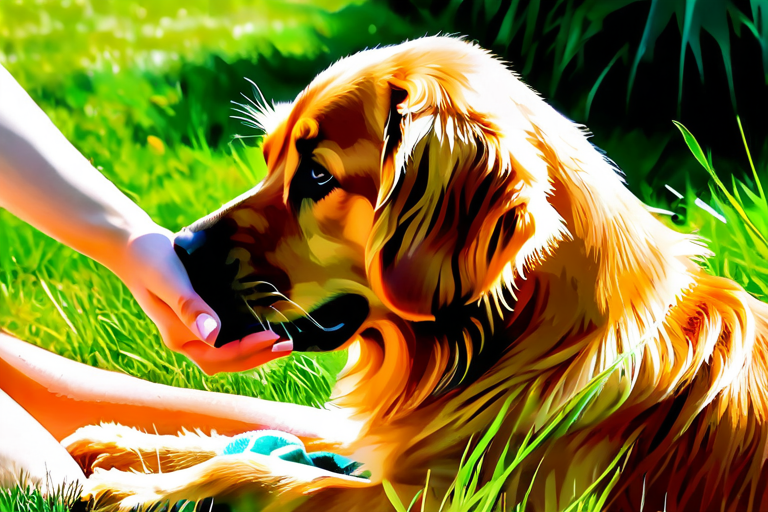 Person brushing dog outdoors to reduce shedding