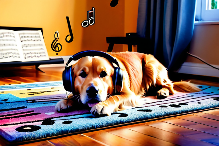 Dog wearing headphones listening to classical music