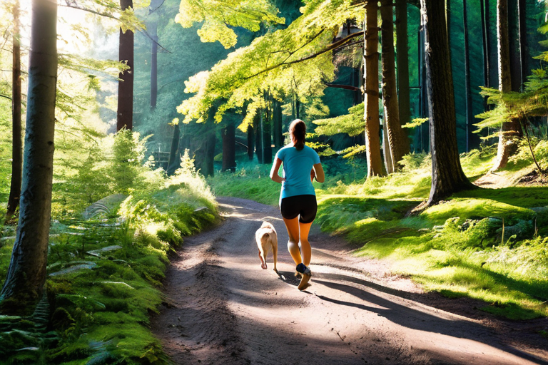 A person jogging with a dog off-leash on a trail