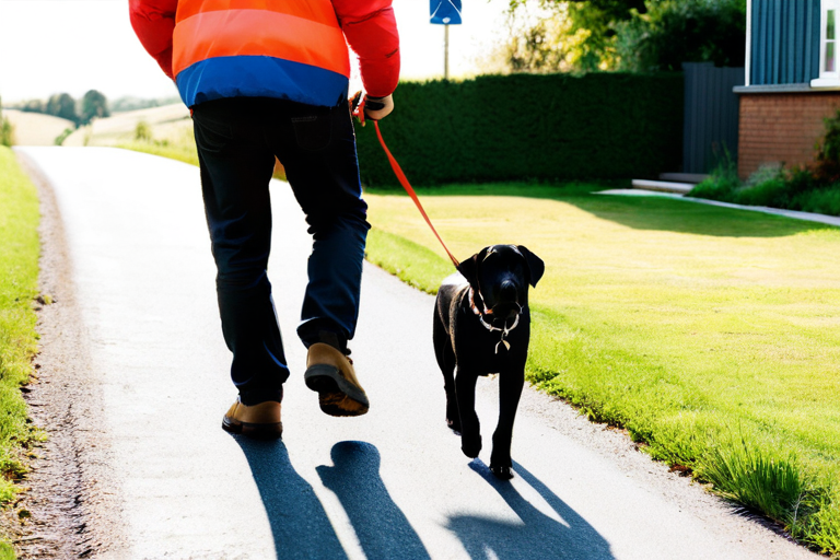 Dog safely walking on leash near road