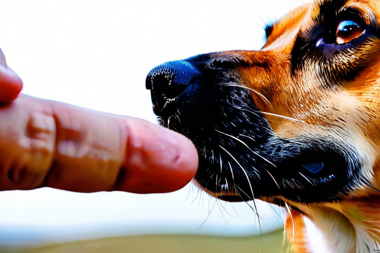 Dog sniffing human hand