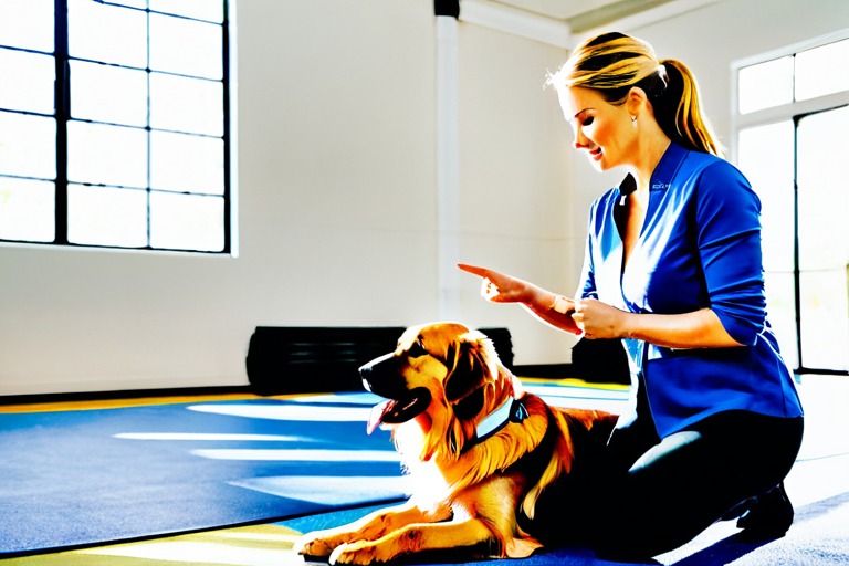 Professional dog trainer working with golden retriever