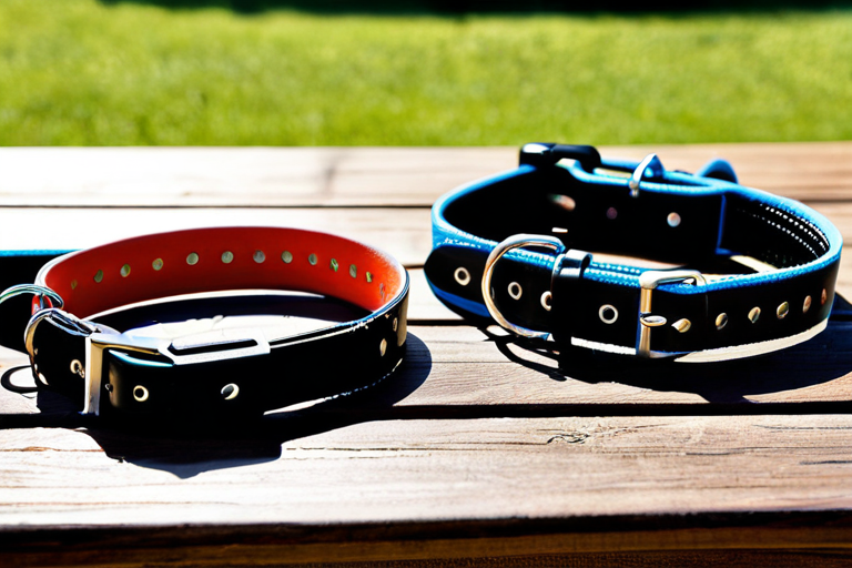 Various dog training collar types displayed on a wooden surface