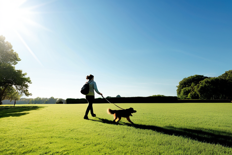 A person walking a dog in a sunny park