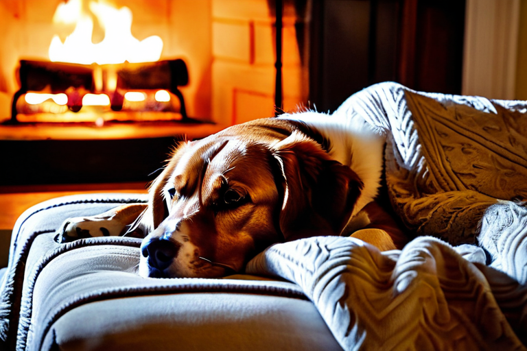 Dog sleeping in warm winter bed near fireplace