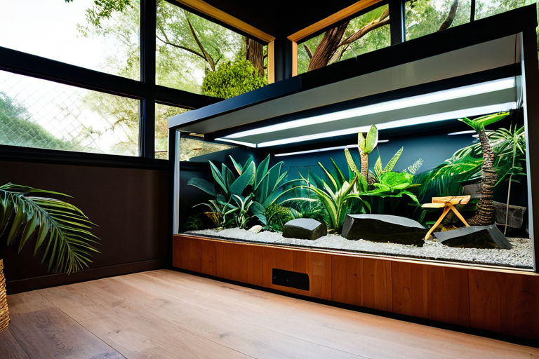 Properly designed exotic pet enclosure with natural elements