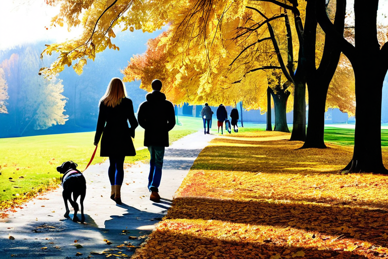 Family walking dog in park from behind