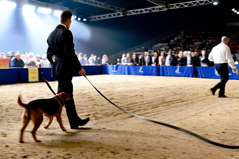 Handler guiding a dog in the show ring