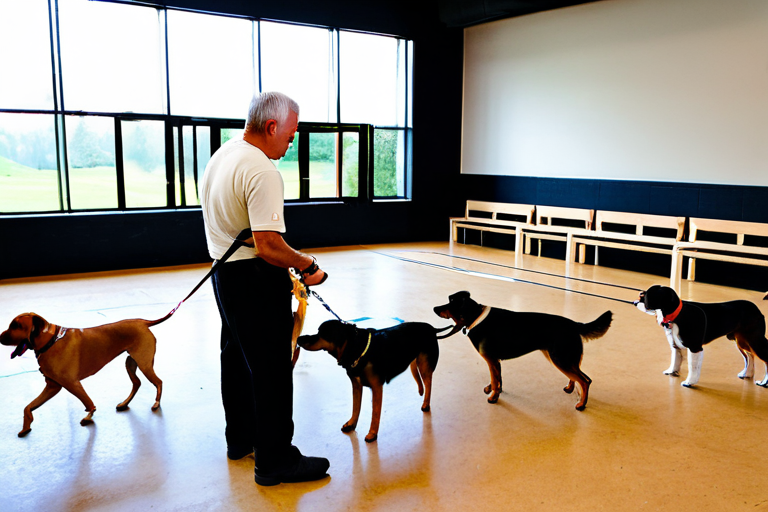 Dog handling class with instructor teaching proper ring procedure