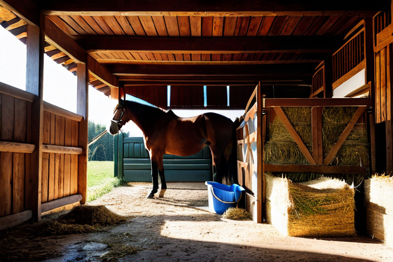 Person cleaning a horse stall and carrying hay