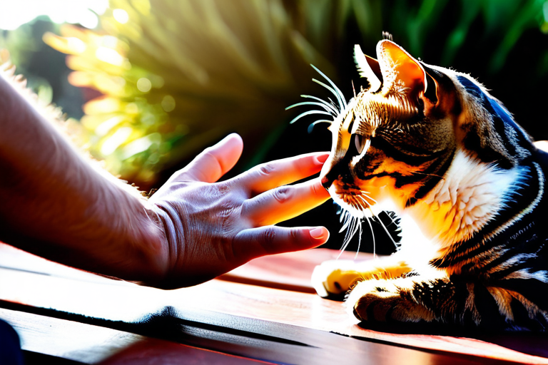 Human and cat communicating through body language