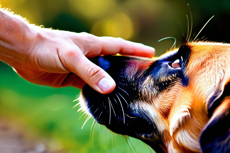Human hand gently interacting with dog's paw