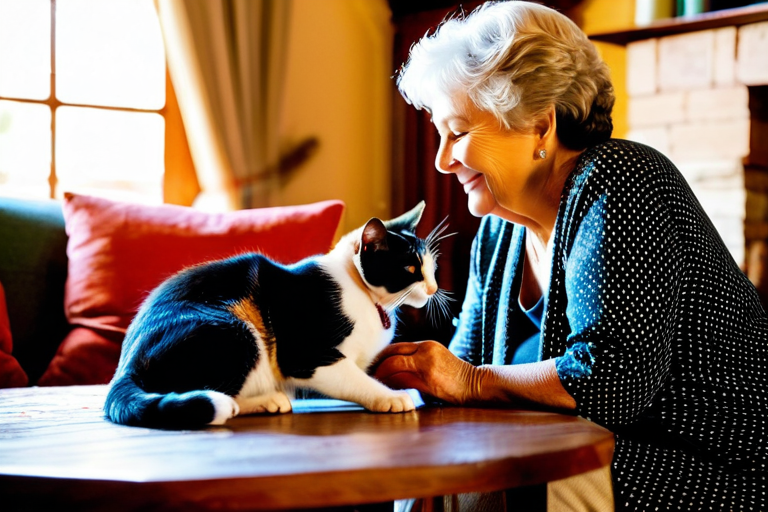 Senior citizen smiling while petting cat in home environment