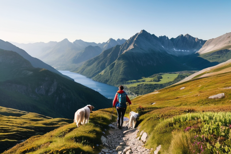 Family hiking with their dog in mountains