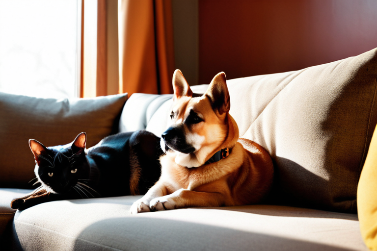 A calm person sitting on a couch with a dog and cat curled up beside them