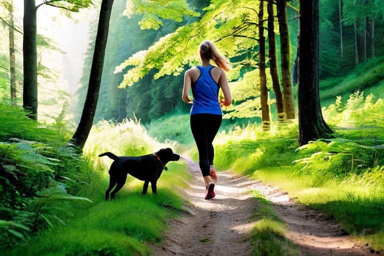 A person jogging with a Labrador retriever on a forest trail