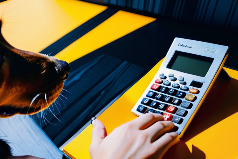 A person holding a calculator with a dog sitting nearby, suggesting budgeting for pet expenses