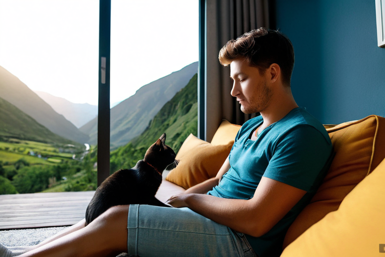 A person sitting on a couch with a cat on their lap, looking calm and relaxed