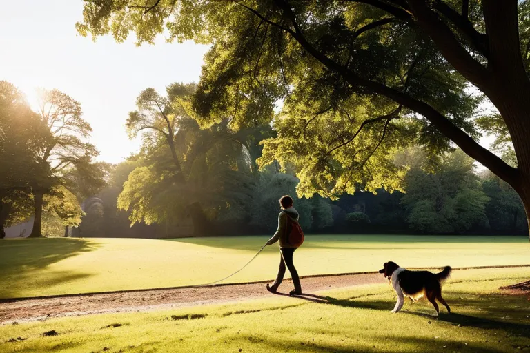 Person walking a dog in a park, morning sunlight filtering through trees
