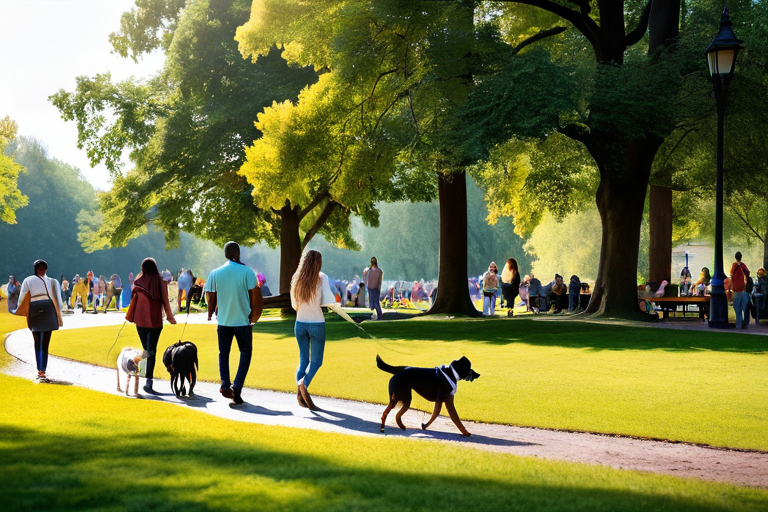 People interacting with pets in a park setting