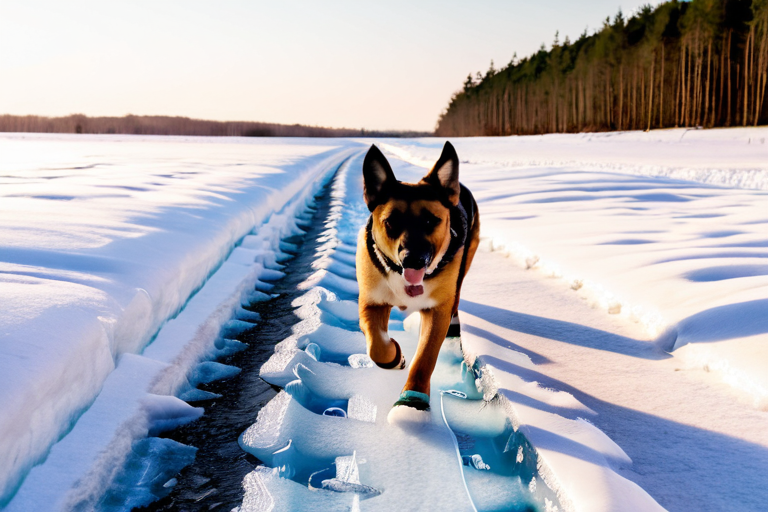 Dog walking safely on treated winter pathway