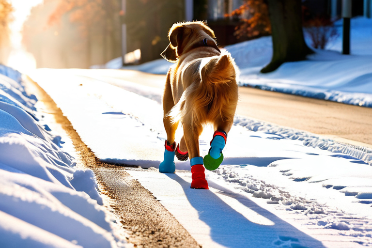 Dog wearing protective booties walking on treated surface