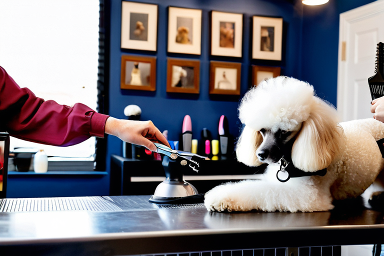 Professional groomer working on poodle