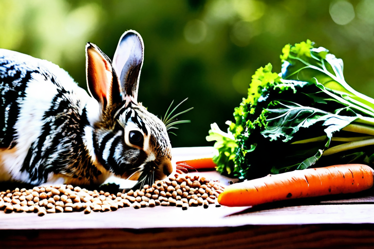 Healthy rabbit diet components including hay and vegetables