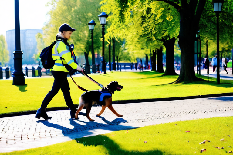 Service dog assisting individual with mobility device in public setting