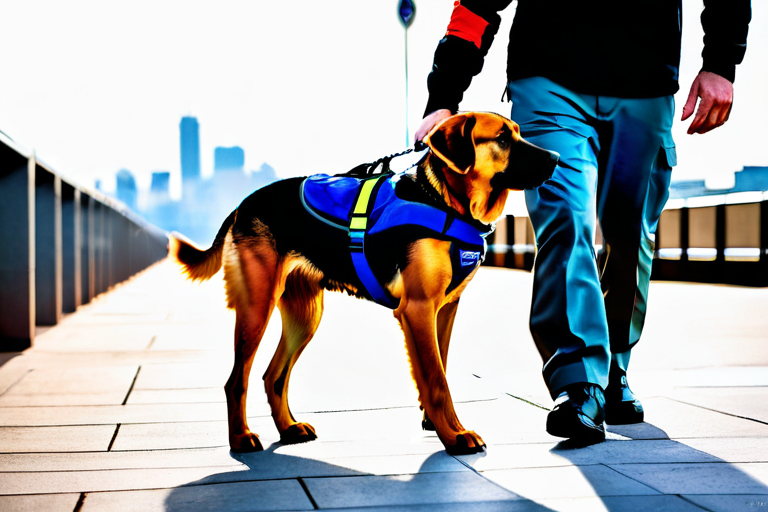 Service dog in training with handler in urban environment