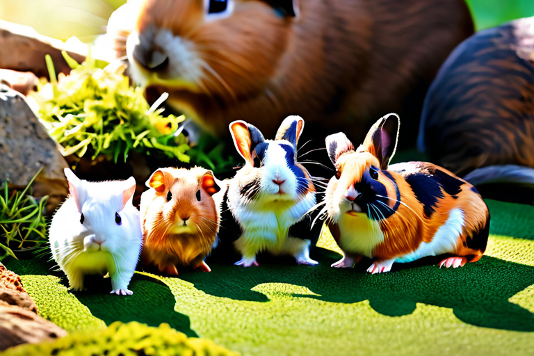 Variety of small pets including rabbits, guinea pigs, and hamsters