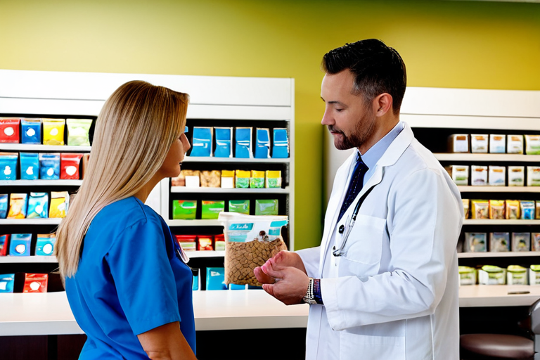 Veterinarian discussing therapeutic diet options with pet owner