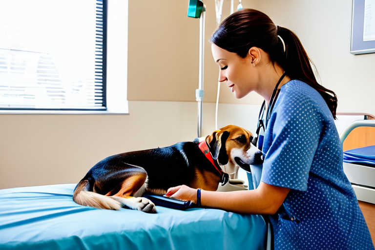 Therapy dog visiting hospital patient in clinical setting