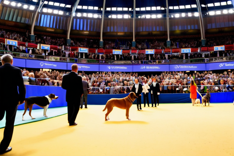 Westminster Dog Show arena with dogs and handlers